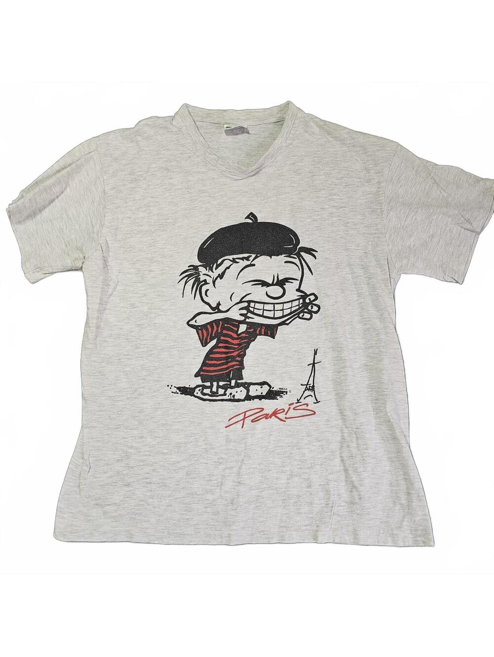 Vintage Calvin Hobbes Paris Shirt Mens L Gray Unlicensed Cartoon Graphic Tee 90s